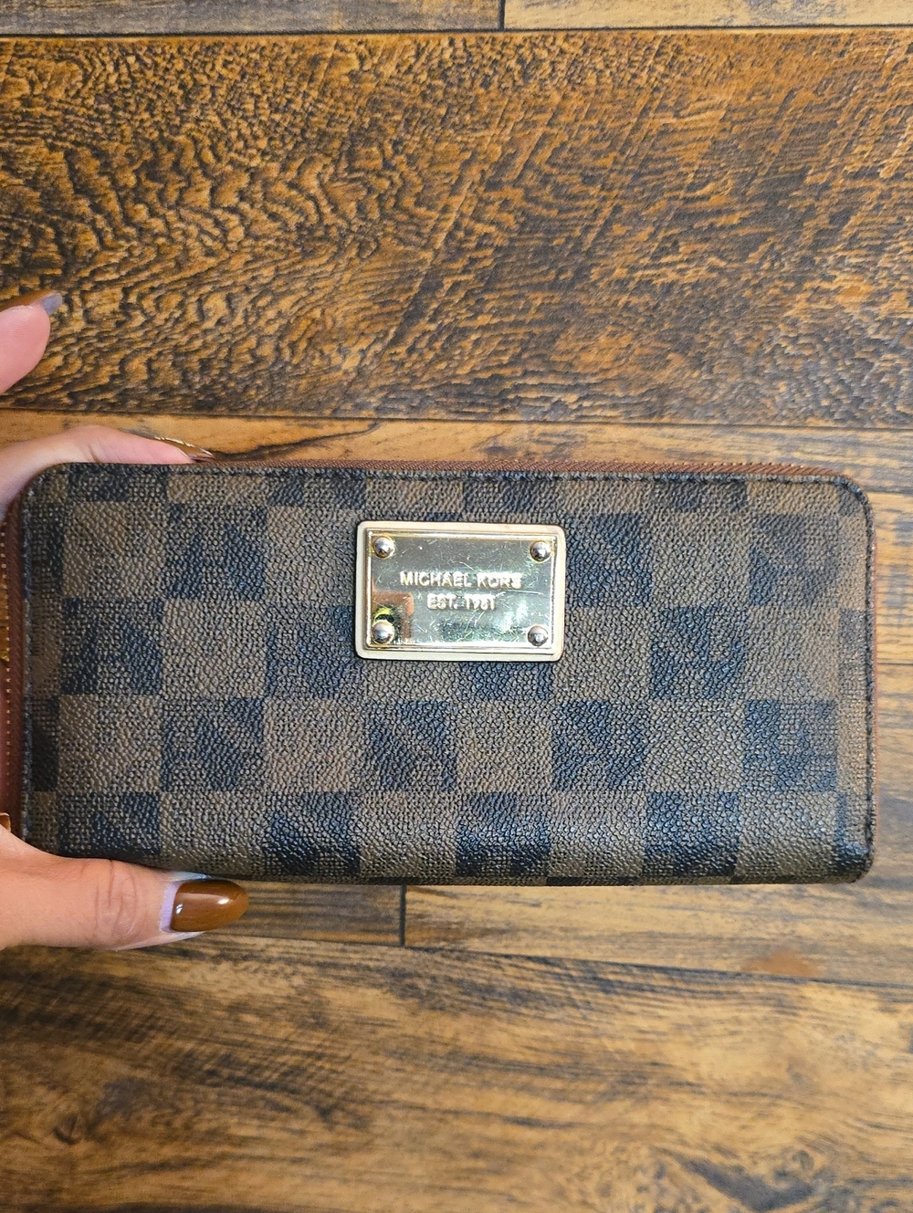 Michael Kors Brown Check Zip-Around Continental Wallet with Gold Plate